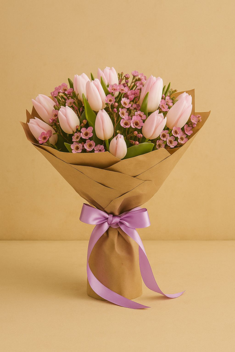 Pink Tulips and Wax Flower